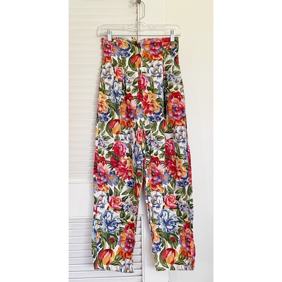 Vintage 90s Floral Cotton High-Waisted Trousers - Picture 3 of 10